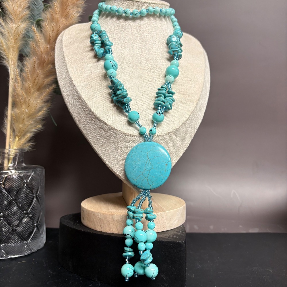 Dyed Turquoise Beaded Necklace |‎ Teal Blue Natural Stone Y Drop Pendant | Boho